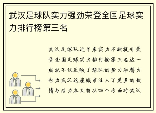 武汉足球队实力强劲荣登全国足球实力排行榜第三名