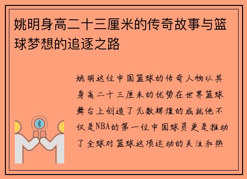 姚明身高二十三厘米的传奇故事与篮球梦想的追逐之路