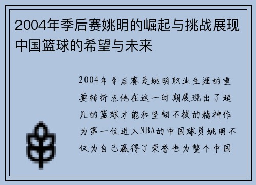2004年季后赛姚明的崛起与挑战展现中国篮球的希望与未来